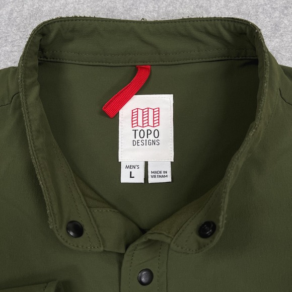 Topo Designs Tech Shirt Mens Large Green Snap Up Front Nylon Blend Gorpcore - Picture 8 of 12